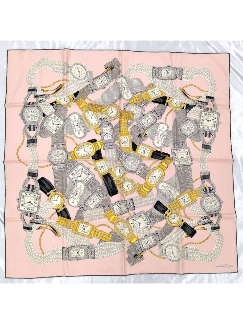 Cartier Large Scarf 100% Silk Clock Motif Pink